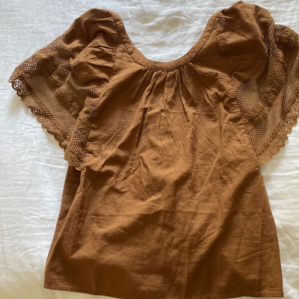 Camel Linen Top with Crochet Detail